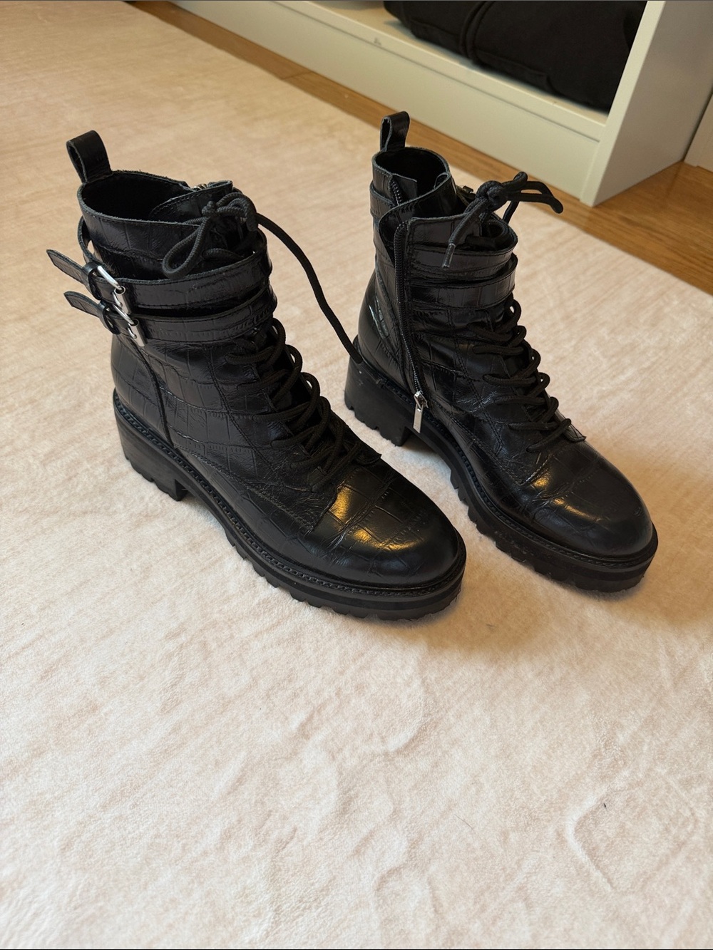 Marc fisher Black Lace-Up Combat Boots with Buckle Straps